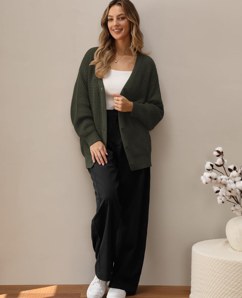 QUALFORT Women's 100% Cotton Cardigans Sweaters for Women Button up Lantern Sleeve Fall Cardigan for Women 2026 Green XXX-Large - Image 5